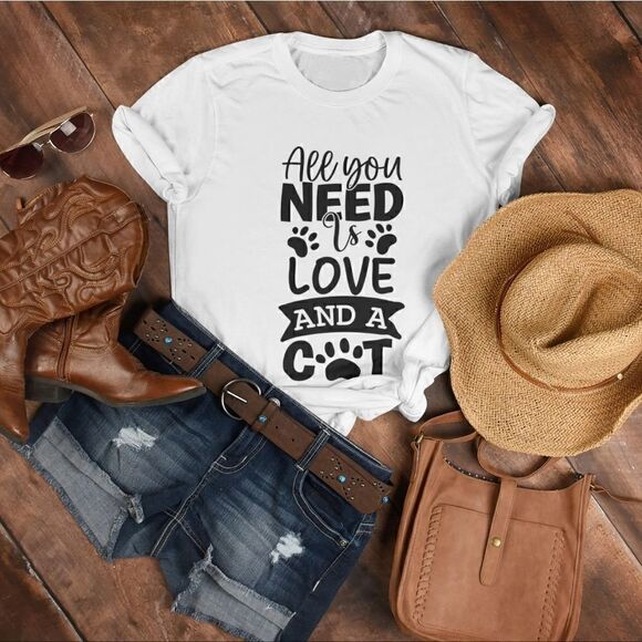 Graphic Print T-Shirt  All You Need is Love and a Cat for Cat Lovers Mom T-Shirt - Picture 5 of 10